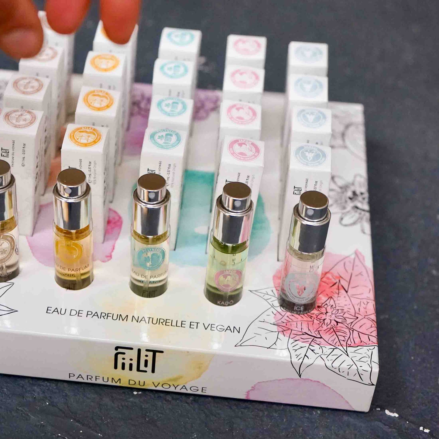 Display of 5 best-selling eau de parfum 11mL with testers