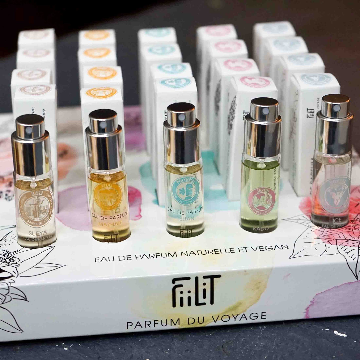 Display of 5 best-selling eau de parfum 11mL with testers