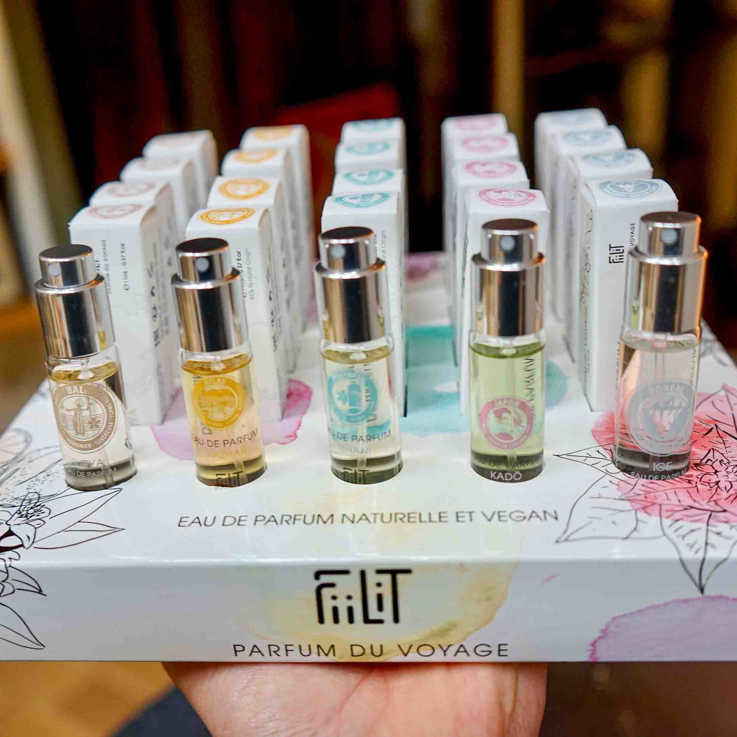 Display of 5 best-selling eau de parfum 11mL with testers