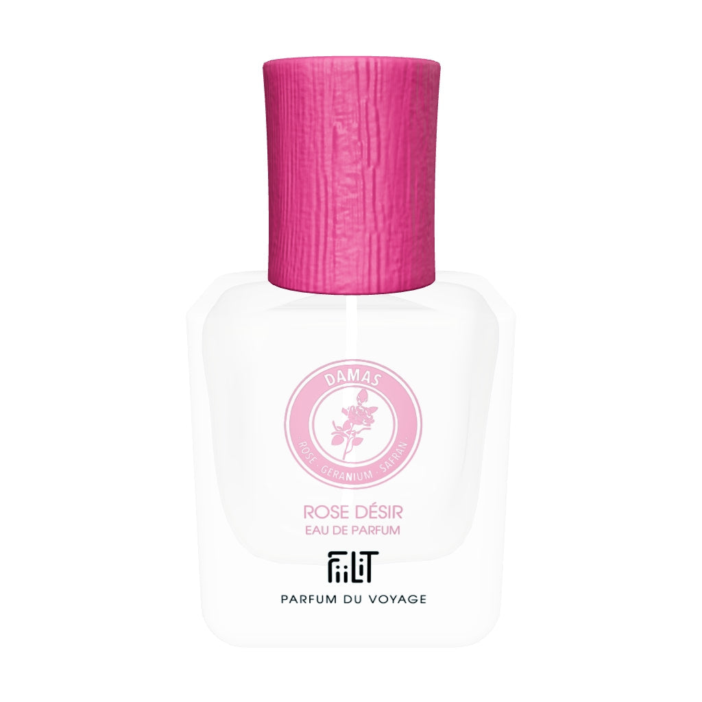 Rose Désir Damas, eau de parfum FiiLiT en flacon 50 ml rechargeable, modèle 3D à faire tourner